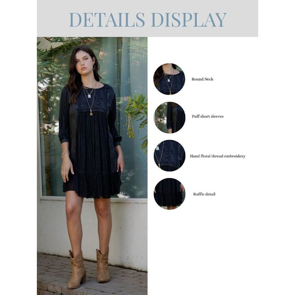 Young Threads Boho Embroidered Ruffle Hem Babydoll Dress Size Medium - Picture 7 of 7